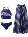 Feather Print Two-Piece Swimsuit With Sun Protection And Skirt (Three-Piece Set)