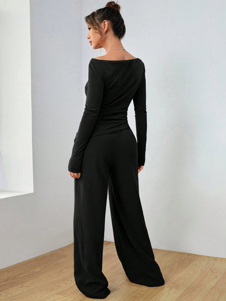Pocket Solid Color Large Round Neck Long Sleeve Pants 2-piece Sets