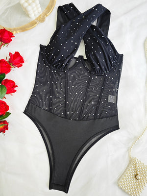 Fine Flash Trim Cross Mesh Perspective Bodysuits