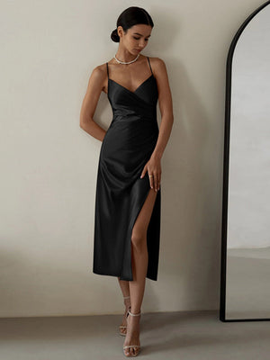 Satin Sexy Backless Halter Top With Slit Maxi Dresses