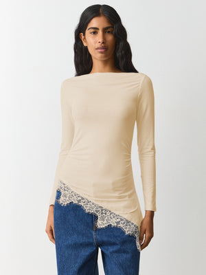 New Women's Simple Solid Color Design, Lace Trim And Slits At The Hem, Slim Fit Long Sleeve Top
