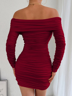 Off-the-shoulder Long-sleeved Pleated Slim-fit Bodycon Short Dress