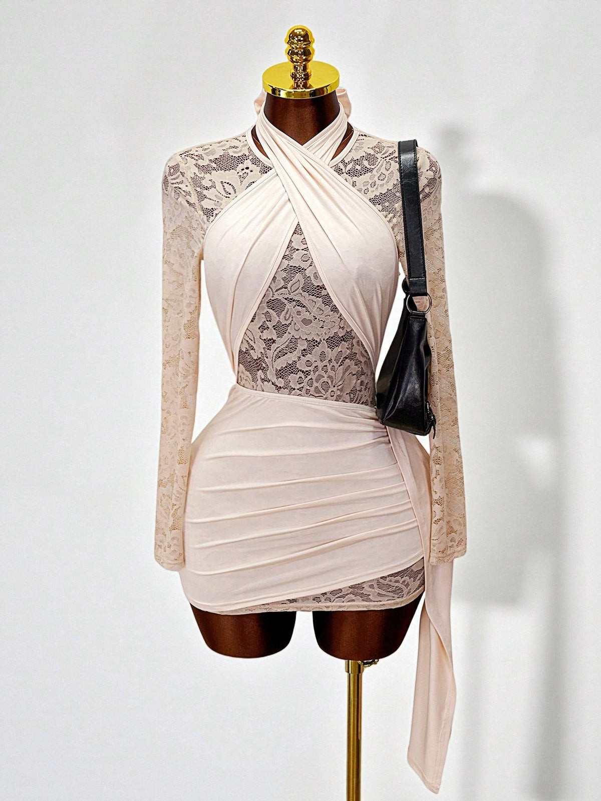 Solid Color Turtleneck Knit Lace-trimmed Bodycon Short Dress
