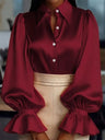 Puff Sleeve Long-sleeved Collared Satin Shirt
