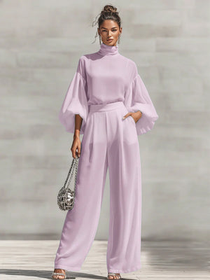 Chiffon Stand-up Collar Puff Sleeve High-waisted Draped Wide-leg Pants Two-piece Set