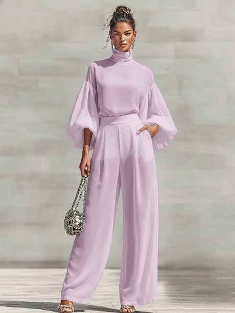 Chiffon Stand-up Collar Puff Sleeve High-waisted Draped Wide-leg Pants Two-piece Set