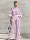 Chiffon Stand-up Collar Puff Sleeve High-waisted Draped Wide-leg Pants Two-piece Set