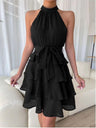 Halter Sleeveless Ruffle Black Mini&Short Dresses