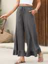 Women's Cropped Trousers With Ruffles, Thin, Loose-fitting, Casual Style