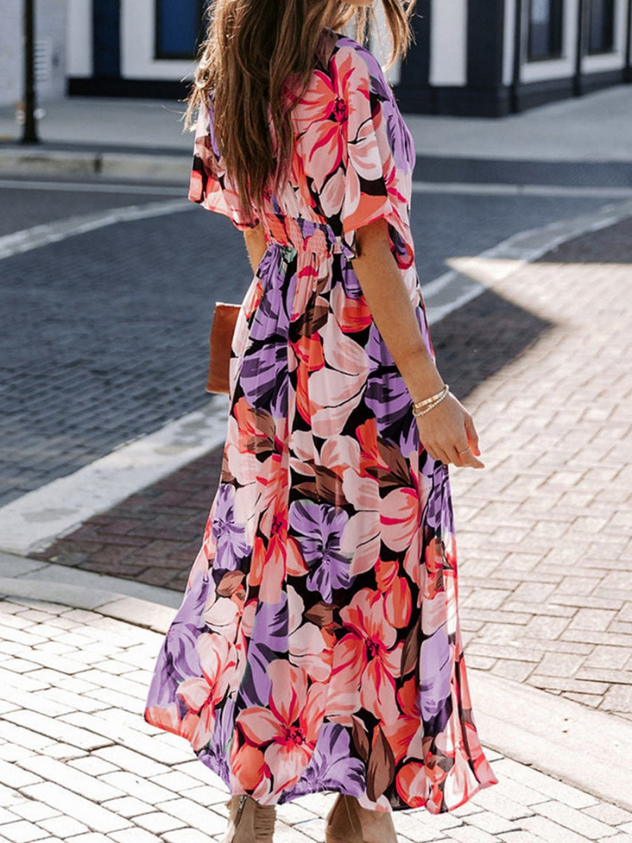 V-neck Short-sleeved Floral Print High-slit Long Dress