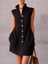 Sleeveless Stand-collar Shirt Dress With Pockets, Vacation Style Short Dress