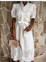 Hollow-out Short-sleeved Belted Long Dress