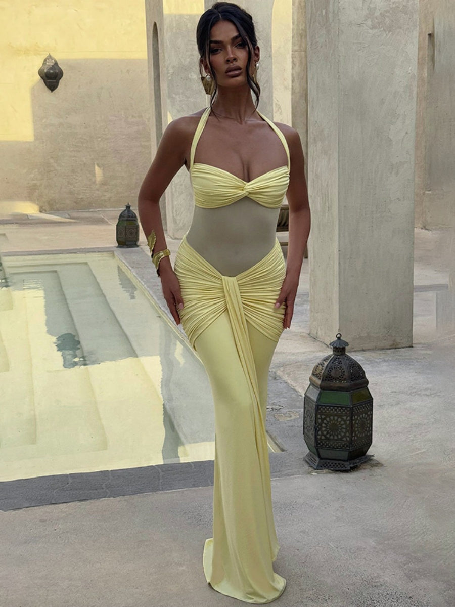 Neckband Lace Up Mesh Formal Dress Maxi Dresses