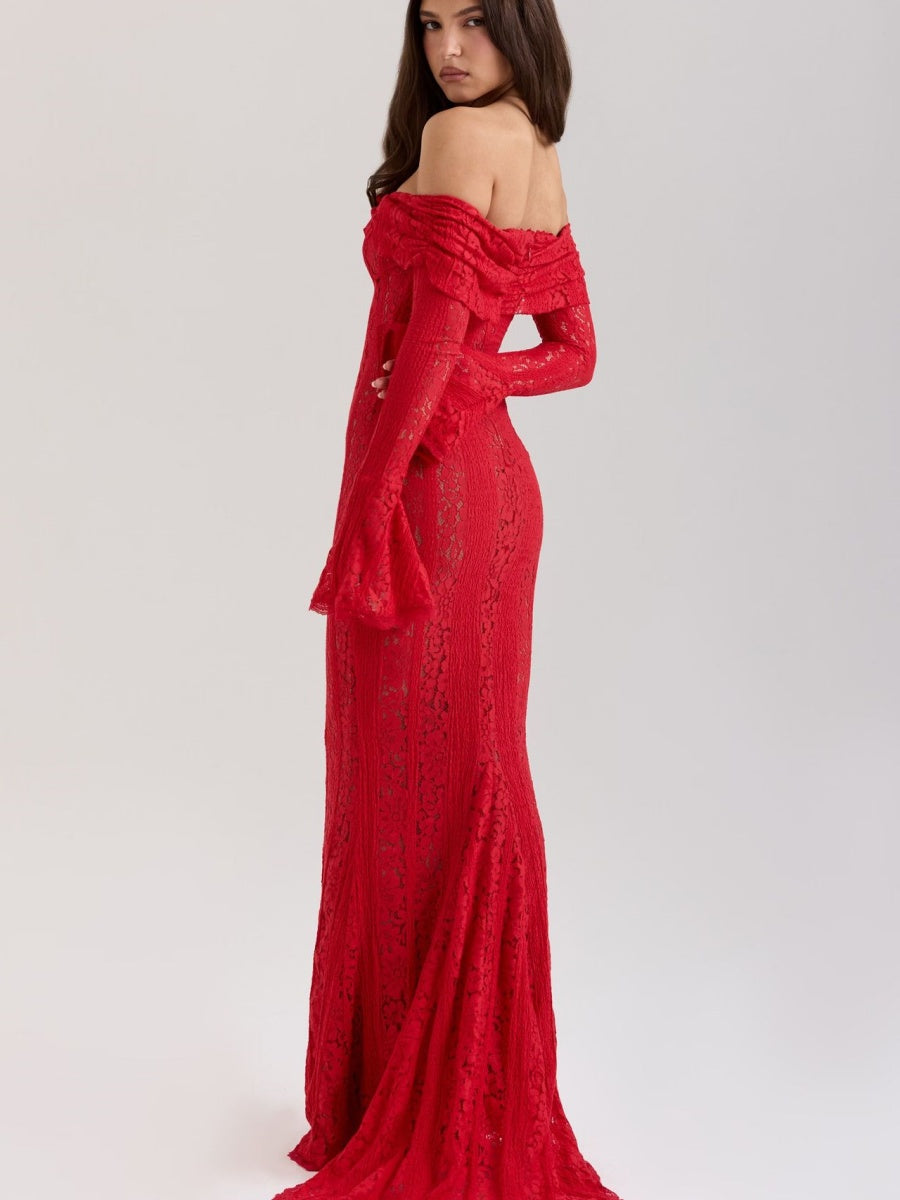 【EXPÉDITION NORMALE】Robes maxi moulantes en dentelle ajourée, épaules dénudées et manches évasées