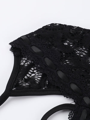 Black Lace Long-sleeved Jumpsuit Shorts
