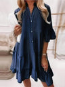 Washed Cotton Three-quarter Sleeve A-line Denim Midi Dress