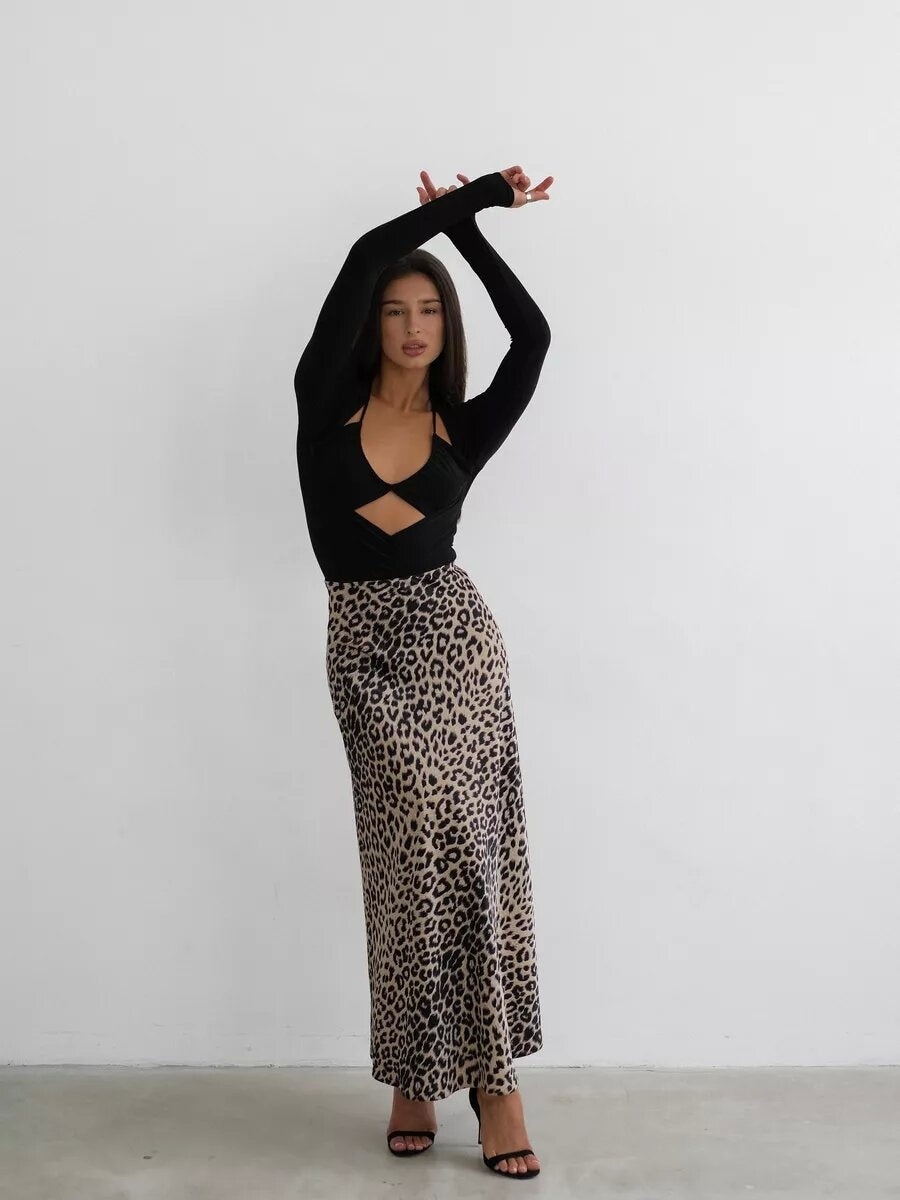 Satin Leopard Print High Waist Elasticity Silky Smooth Skirts