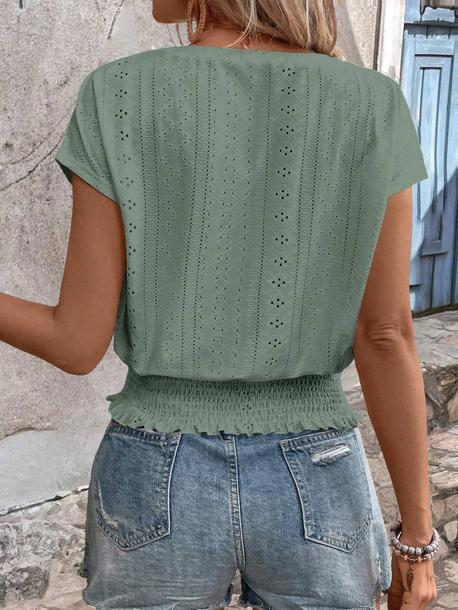 Round Neck Jacquard Hollowed-out Ruffled Short-sleeved T-shirt