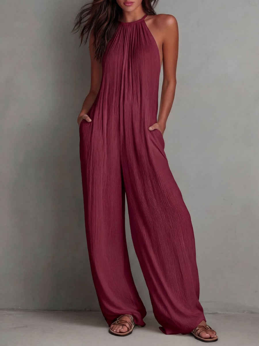 Halter-neck Sleeveless Resort-style White Pleated Backless Wide-leg Jumpsuit