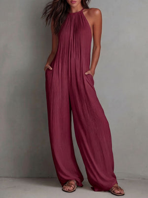 Halter-neck Sleeveless Resort-style White Pleated Backless Wide-leg Jumpsuit