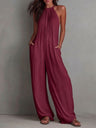 Halter-neck Sleeveless Resort-style White Pleated Backless Wide-leg Jumpsuit