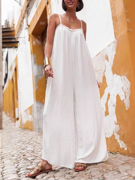 Cotton Linen Women's Suspender Backless Loose Jumpsuit
