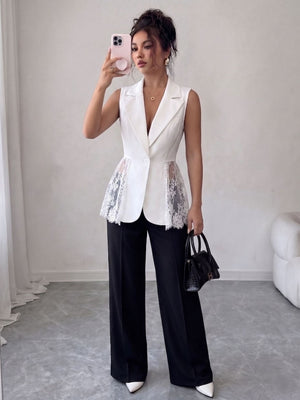 Lace Sleeveless Suit Splicing Hollow Vests
