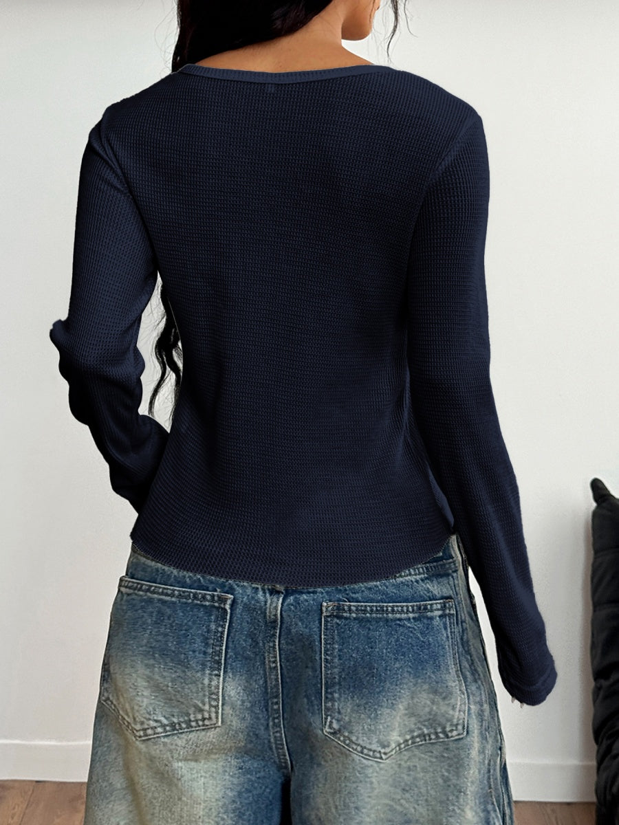 Simplicity Buttons Solid Color Long Sleeve T-shirts