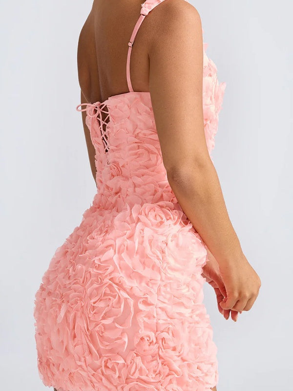 Square Collar 3D Flowers Slim Fit Sleeveless Tie Mini&Short Dresses