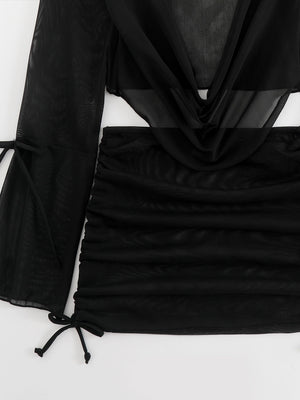 Metallic Accessories Solid Color Lace-up Mesh Cover-up Bikini Four-Piece Set