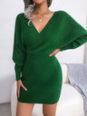 Cross V-neck Batwing Sleeves Hip-hugging Knitting Mini&Short Dresses