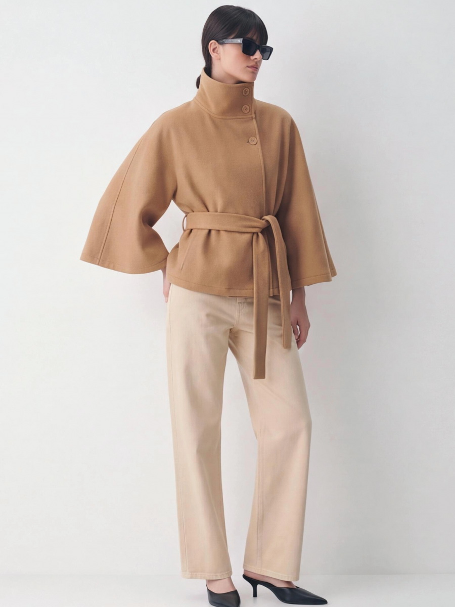 Stand Collar Large Sleeves Buttons Straps Solid Color Coats