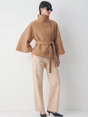 Stand Collar Large Sleeves Buttons Straps Solid Color Coats