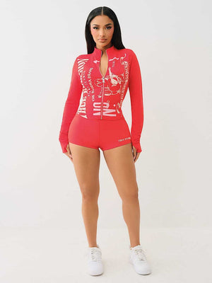 Printed Slim-fit Shorts Long-sleeved Zip-up Top 2-piece Sets
