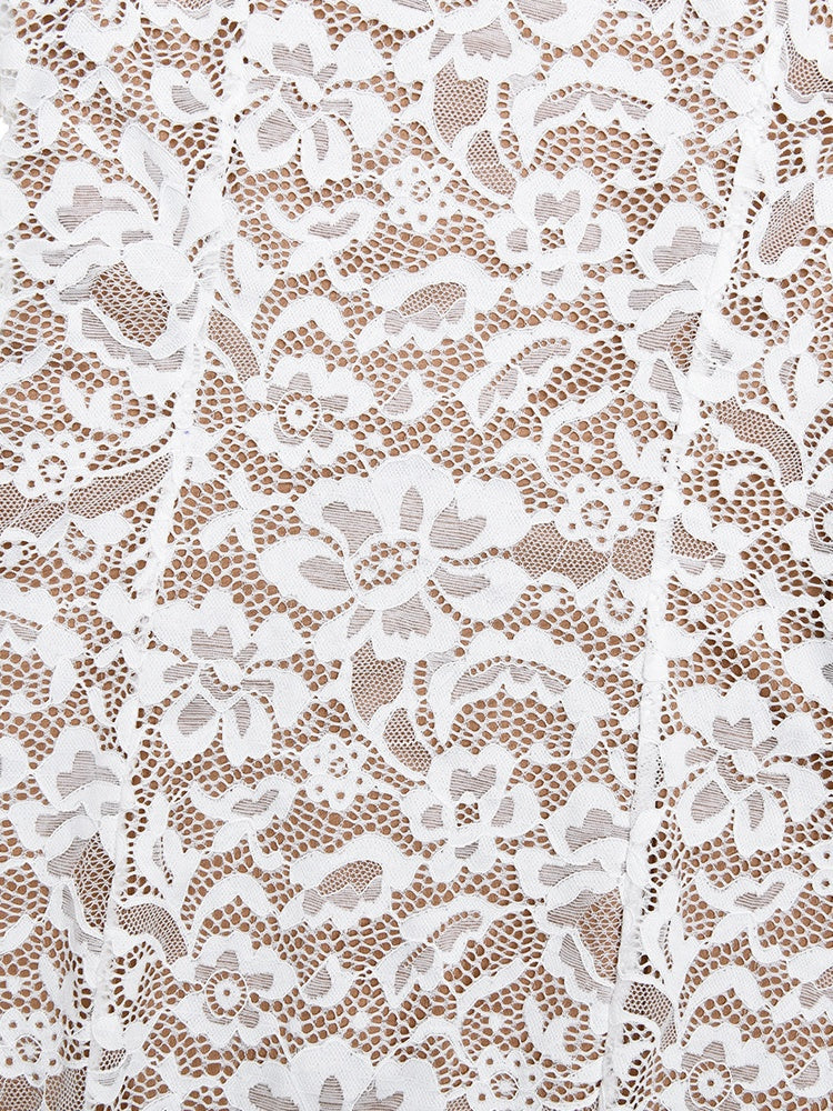 White Lace Long Sleeve Crew Neck Fishtail Slim Fit Dress