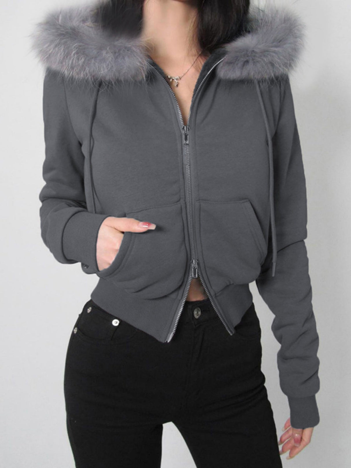 Fleece-lined For Warmth Double-ended Zipper Plush Patchwork Hoodies Jackets