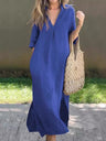 V-neck, Three-quarter Sleeve, Long Dress With Side Slit Pockets And Pleated Chest
