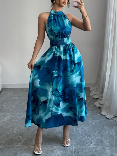 Printed Halter Sleeveless Vacation And Leisure Maxi Dresses