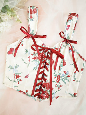 Sweet Floral Bow Lace Up Camisoles