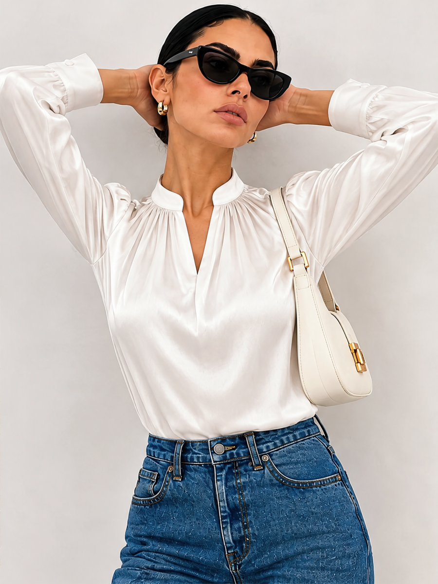 Satin Stand Collar Puff Sleeve Long Sleeve Blouse&Shirts