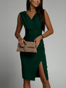 V-neck Sleeveless High-waisted Slit Dress Pleated Solid Color Short Dress