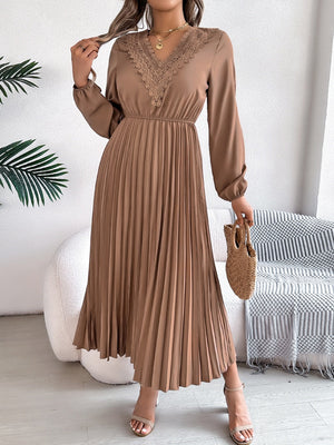 V-neck Lace Trim Fitted Waist Pleated Maxi Dresses