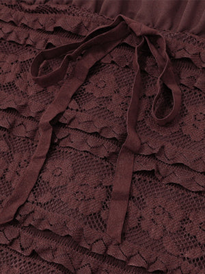 Square Collar Lace Trim Lace Up Long Sleeve Mini&Short Dresses