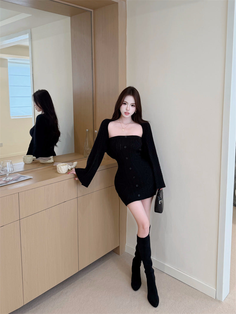Knitted Elegant Fashion Set: Long-sleeved, Waist-cinching Sweater And Strapless Dress Two-Piece Set