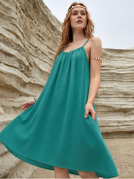 Ice Silk Linen Backless Halter Solid Color Midi Dress