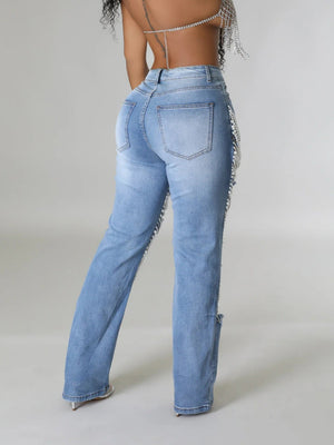 Ripped, Pearl-beaded Stretch Jeans