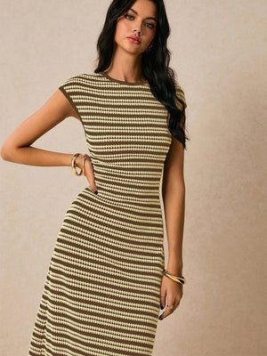Stripes Knitting Sleeveless Slim Fit Midi Dresses