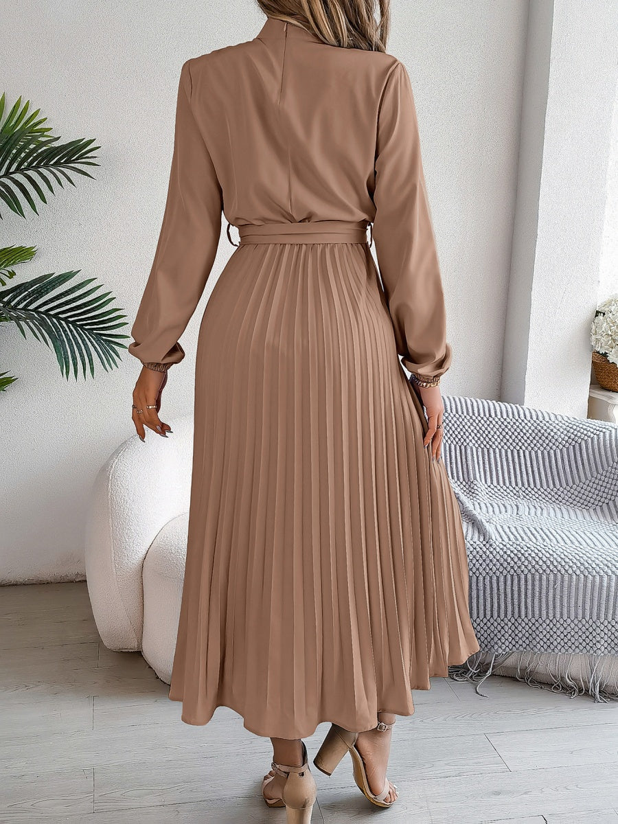 Stand Collar Long Sleeve Waist Pleats Midi Dresses