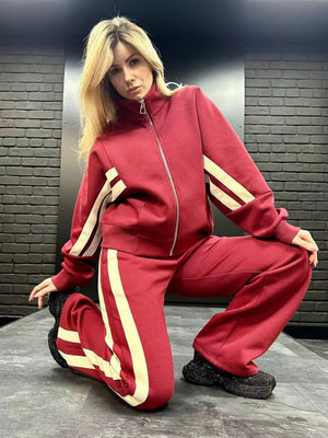 Stripes Zipper Top Wide-leg Pants Leisure Sports 2-piece Sets