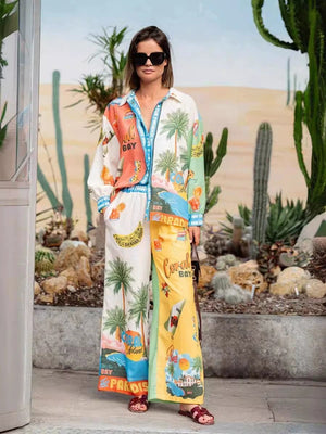 Ensemble deux pièces de chemises à manches longues en lin à imprimé macarons